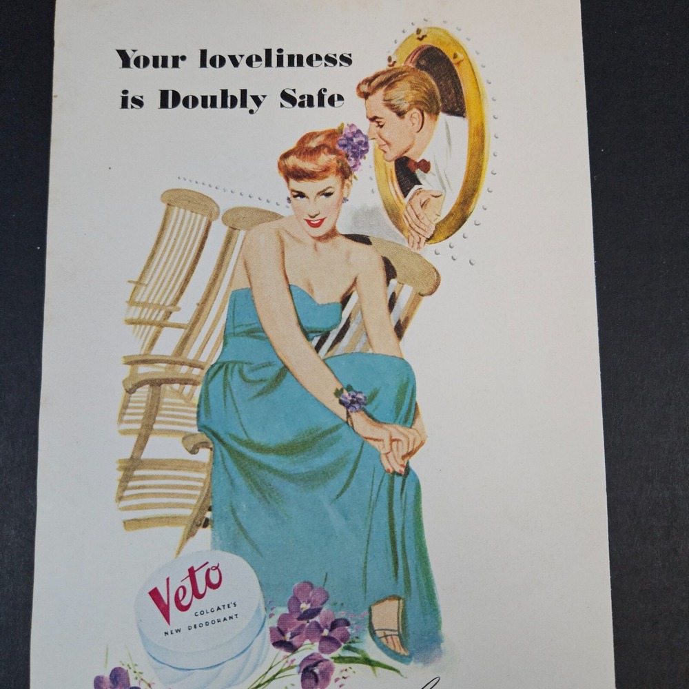 1949 Colgate Veto Cream Deodorant Vintage Print Ad Elegant‎ Lady With Suitor